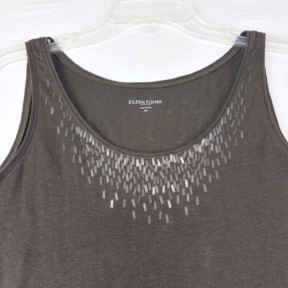 Eileen Fisher PP Brown Linen Tank Top Sequin Embellished‎ Lagenlook Minimalist - Picture 2 of 9